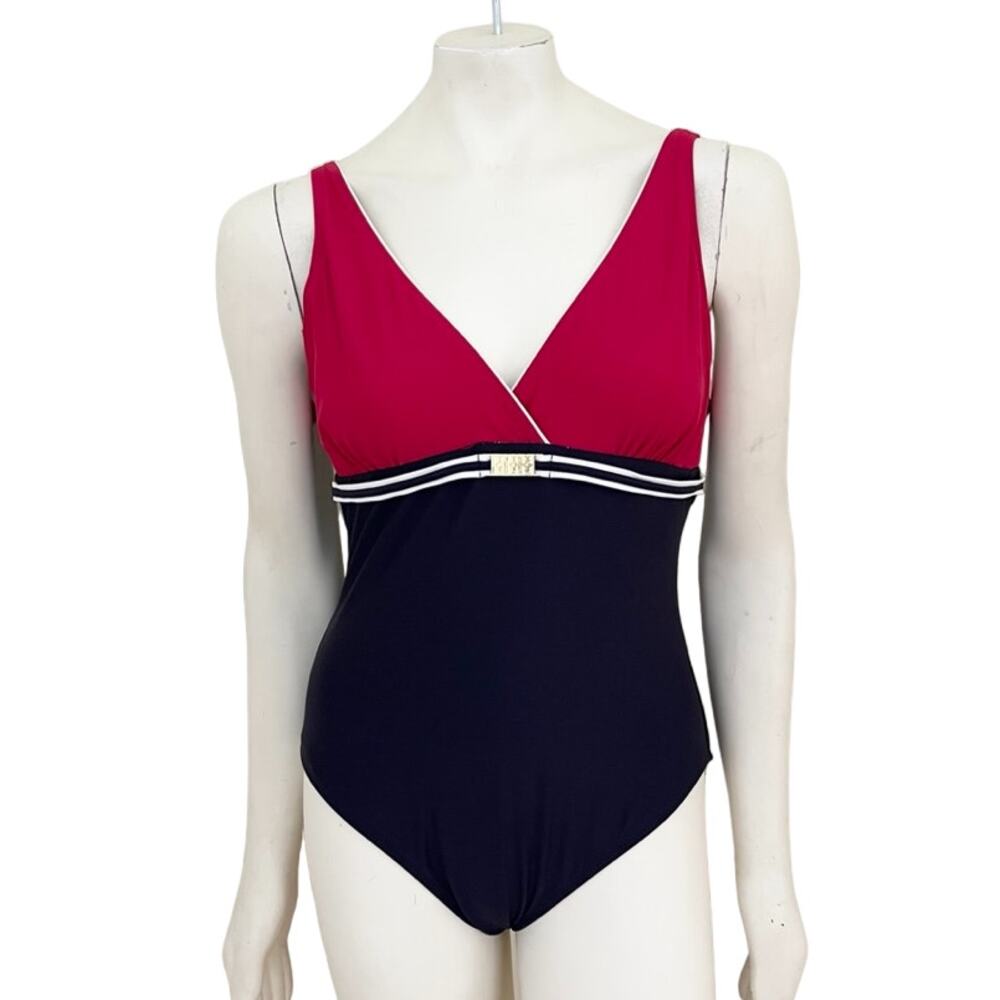 BALTEX One Piece Colorblock Swimsuit  Red White Blue  Gold buckle  Y2K  SZ 14